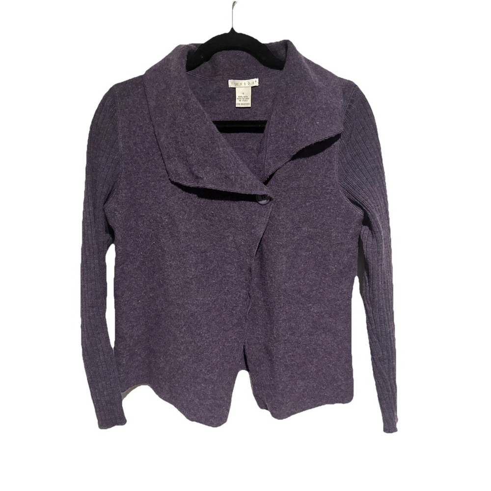 Tweeds 100% Wool Womens Small Purple Asymmetrical Cardigan Natural Lagenlook